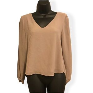 Lost April Cream Tan V Neck long sleeve sheer business career women’s blouse top